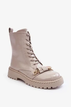 Damskie buty S.Barski Botki Ocieplane|Botki Sznurowane*Damskie Lakierowane Botki Workery Z Ozdobą D&A MR870-67 Jasnoszare Szary