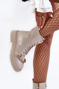 Damskie buty S.Barski Botki Ocieplane|Botki Sznurowane*Damskie Lakierowane Botki Workery Z Ozdobą D&A MR870-67 Jasnoszare Szary