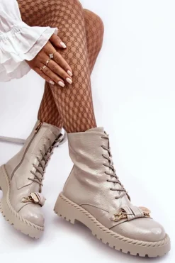 Damskie buty S.Barski Botki Ocieplane|Botki Sznurowane*Damskie Lakierowane Botki Workery Z Ozdobą D&A MR870-67 Jasnoszare Szary