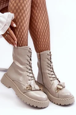 Damskie buty S.Barski Botki Ocieplane|Botki Sznurowane*Damskie Lakierowane Botki Workery Z Ozdobą D&A MR870-67 Jasnoszare Szary