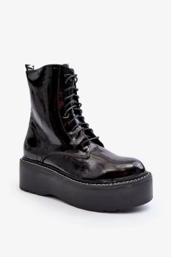 Boto Botki Sznurowane|Botki Płaskie*Damskie Lakierowane Botki Na Grubej Podeszwie Czarne Movana