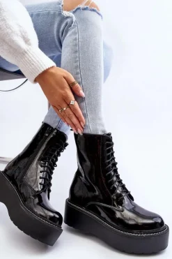 Boto Botki Sznurowane|Botki Płaskie*Damskie Lakierowane Botki Na Grubej Podeszwie Czarne Movana