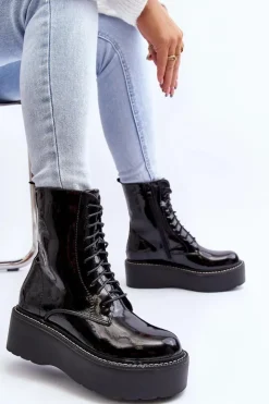 Boto Botki Sznurowane|Botki Płaskie*Damskie Lakierowane Botki Na Grubej Podeszwie Czarne Movana