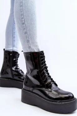 Boto Botki Sznurowane|Botki Płaskie*Damskie Lakierowane Botki Na Grubej Podeszwie Czarne Movana