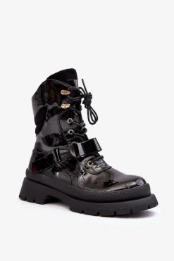 Damskie Boto Damskie Lakierowane Botki Workery Na Platformie Czarne Nahili