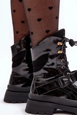 Damskie Boto Damskie Lakierowane Botki Workery Na Platformie Czarne Nahili