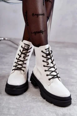 Damskie buty S.Barski Botki Sznurowane|Botki Zimowe Damskie*Damskie Lakierowane Botki Workery Sznurowane Białe Conny