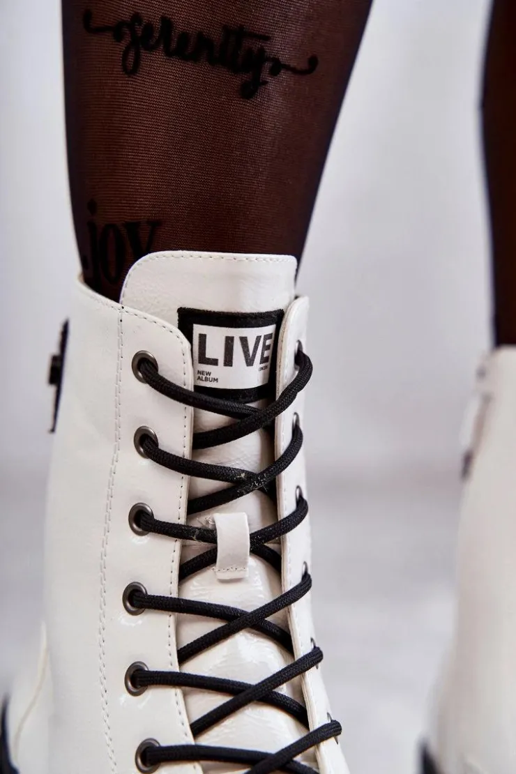 Damskie buty S.Barski Botki Sznurowane|Botki Zimowe Damskie*Damskie Lakierowane Botki Workery Sznurowane Białe Conny