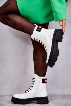 Damskie buty S.Barski Botki Sznurowane|Botki Zimowe Damskie*Damskie Lakierowane Botki Workery Sznurowane Białe Conny
