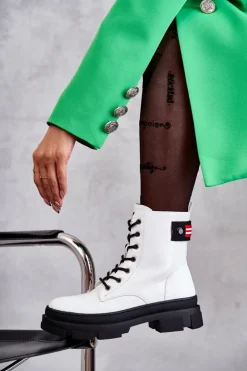 Damskie buty S.Barski Botki Sznurowane|Botki Zimowe Damskie*Damskie Lakierowane Botki Workery Sznurowane Białe Conny