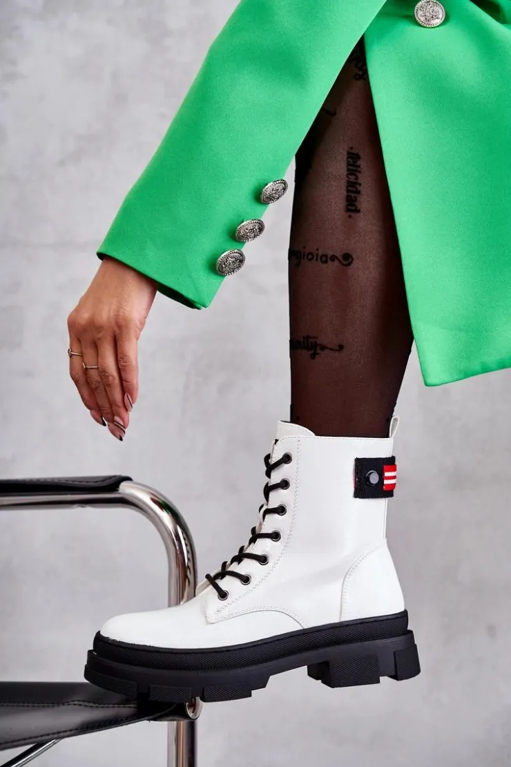 Damskie buty S.Barski Botki Sznurowane|Botki Zimowe Damskie*Damskie Lakierowane Botki Workery Sznurowane Białe Conny