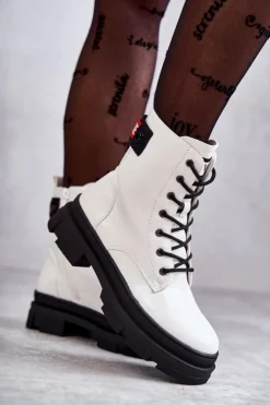 Damskie buty S.Barski Botki Sznurowane|Botki Zimowe Damskie*Damskie Lakierowane Botki Workery Sznurowane Białe Conny