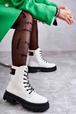 Damskie buty S.Barski Botki Sznurowane|Botki Zimowe Damskie*Damskie Lakierowane Botki Workery Sznurowane Białe Conny