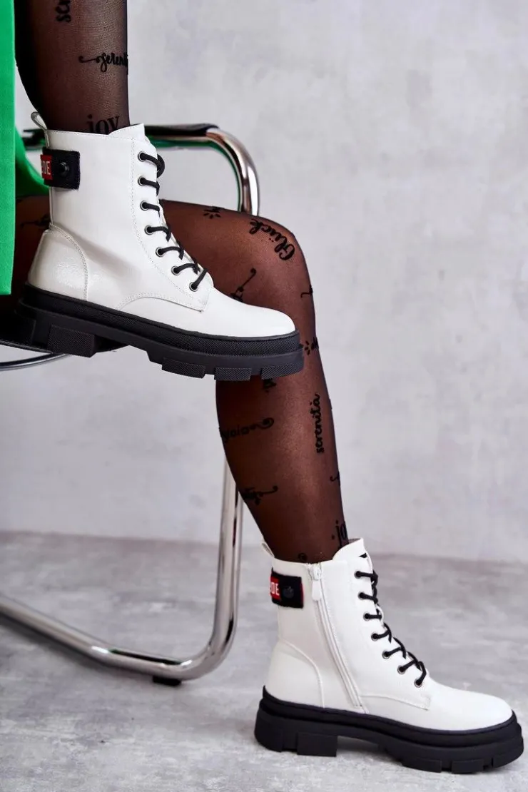 Damskie buty S.Barski Botki Sznurowane|Botki Zimowe Damskie*Damskie Lakierowane Botki Workery Sznurowane Białe Conny