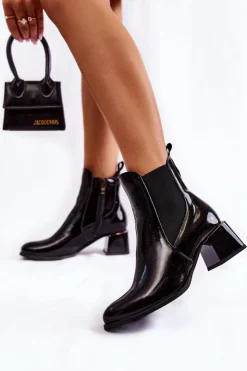 Boto Czarne Botki|Botki Zimowe Damskie*Damskie Lakierowane Botki Na Obcasie Czarne Lemar Berit