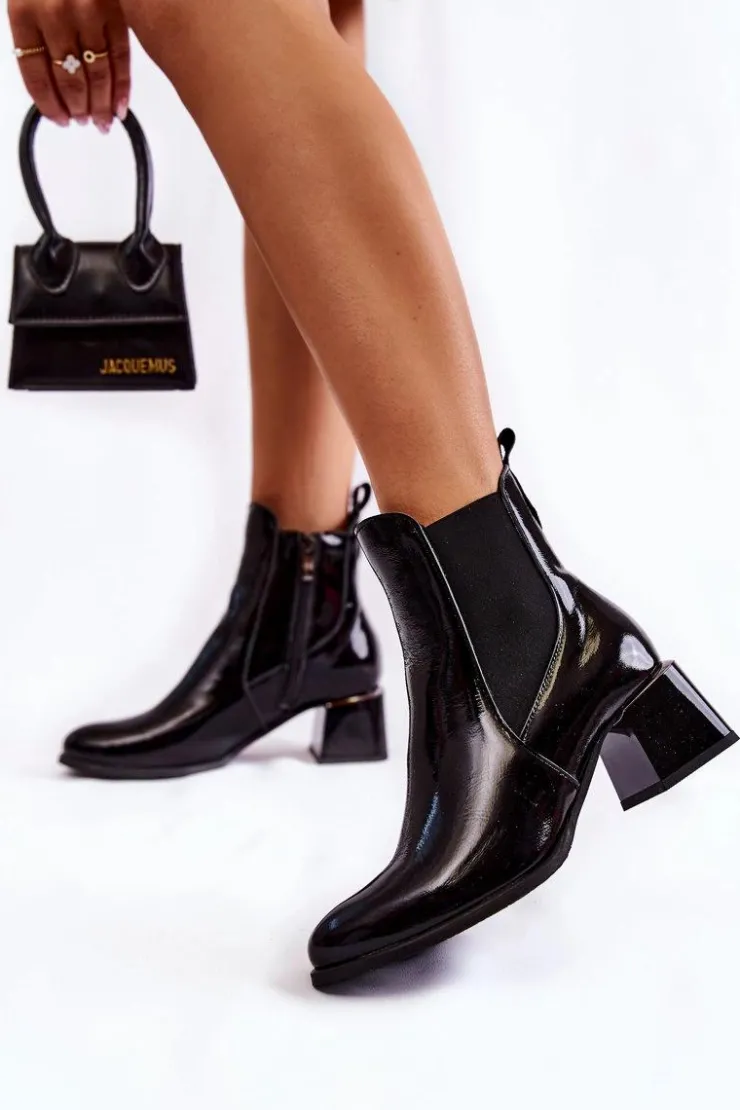 Boto Czarne Botki|Botki Zimowe Damskie*Damskie Lakierowane Botki Na Obcasie Czarne Lemar Berit