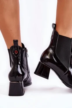 Boto Czarne Botki|Botki Zimowe Damskie*Damskie Lakierowane Botki Na Obcasie Czarne Lemar Berit