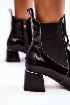 Boto Czarne Botki|Botki Zimowe Damskie*Damskie Lakierowane Botki Na Obcasie Czarne Lemar Berit