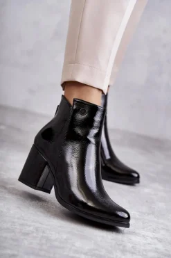 Boto Botki Na Słupku|Czarne Botki*Damskie Lakierowane Botki Na Suwak La.Fi 260039B-LA Czarne