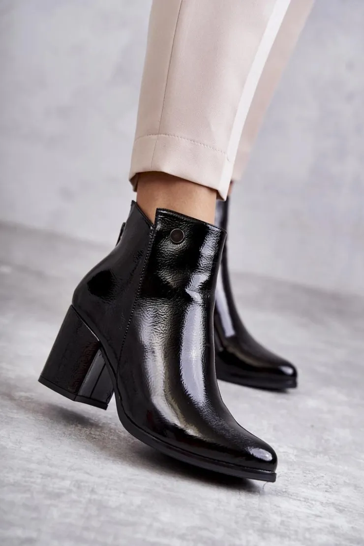 Boto Botki Na Słupku|Czarne Botki*Damskie Lakierowane Botki Na Suwak La.Fi 260039B-LA Czarne