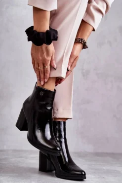 Boto Botki Na Słupku|Czarne Botki*Damskie Lakierowane Botki Na Suwak La.Fi 260039B-LA Czarne