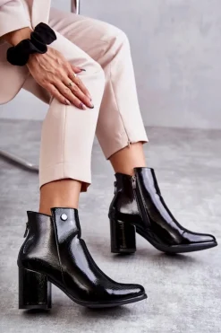 Boto Botki Na Słupku|Czarne Botki*Damskie Lakierowane Botki Na Suwak La.Fi 260039B-LA Czarne