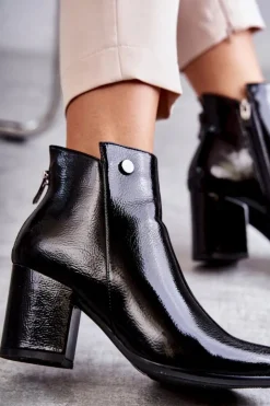 Boto Botki Na Słupku|Czarne Botki*Damskie Lakierowane Botki Na Suwak La.Fi 260039B-LA Czarne