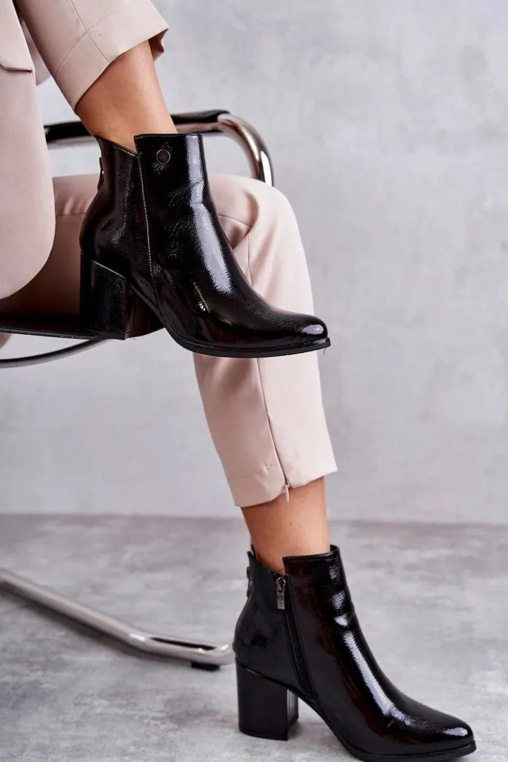 Boto Botki Na Słupku|Czarne Botki*Damskie Lakierowane Botki Na Suwak La.Fi 260039B-LA Czarne