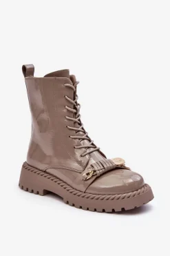 New Damskie buty S.Barski Damskie Lakierowane Botki Workery Z Ozdobą Beżowe S.Barski MR870-67 Beżowy