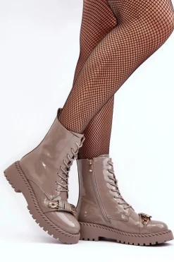 New Damskie buty S.Barski Damskie Lakierowane Botki Workery Z Ozdobą Beżowe S.Barski MR870-67 Beżowy