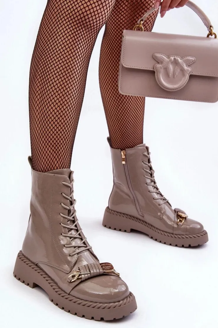 New Damskie buty S.Barski Damskie Lakierowane Botki Workery Z Ozdobą Beżowe S.Barski MR870-67 Beżowy