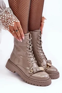 New Damskie buty S.Barski Damskie Lakierowane Botki Workery Z Ozdobą Beżowe S.Barski MR870-67 Beżowy