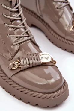 New Damskie buty S.Barski Damskie Lakierowane Botki Workery Z Ozdobą Beżowe S.Barski MR870-67 Beżowy