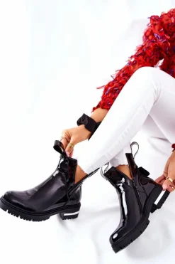 New Boto Damskie Lakierowane Botki Z Wycięciami Czarne Melbourne