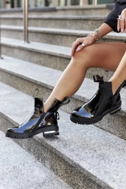 New Boto Damskie Lakierowane Botki Z Wycięciami Czarne Melbourne