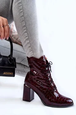 Sale Boto Damskie Lakierowane Botki Na Obcasie Krokodyli Wzór Bordowe Alva