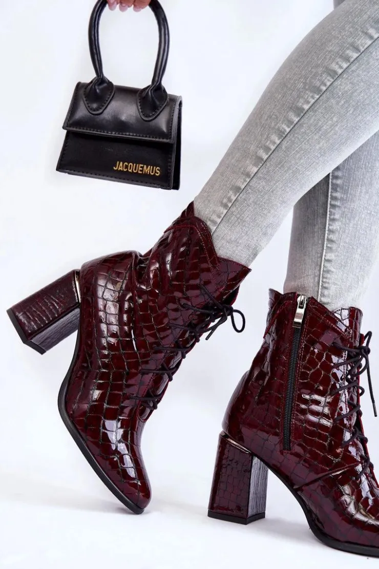 Sale Boto Damskie Lakierowane Botki Na Obcasie Krokodyli Wzór Bordowe Alva