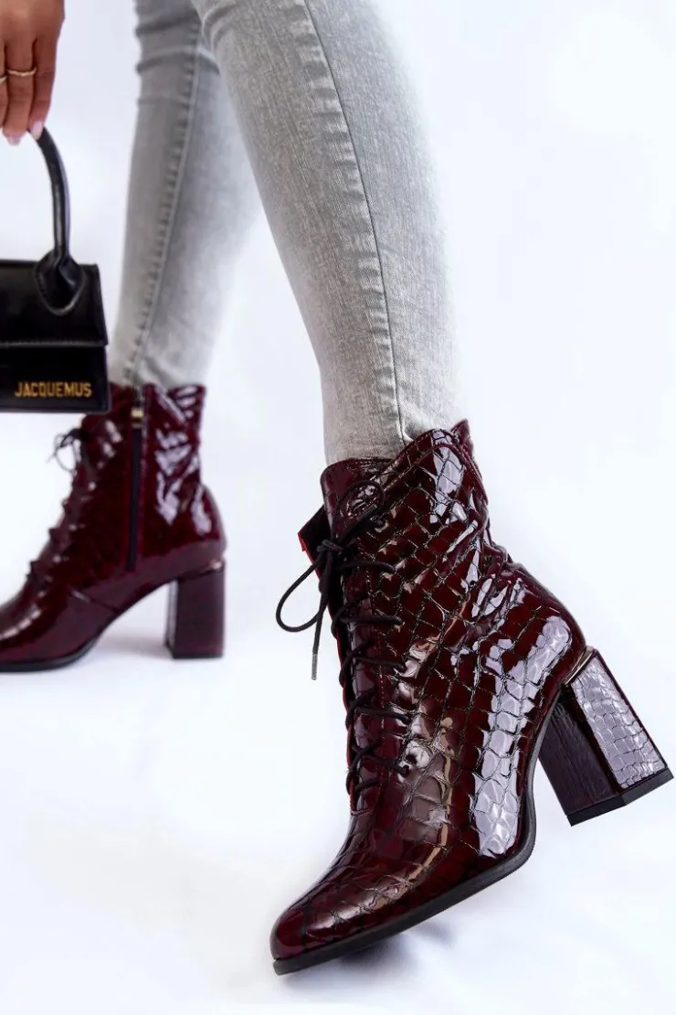 Sale Boto Damskie Lakierowane Botki Na Obcasie Krokodyli Wzór Bordowe Alva