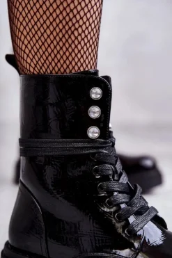 Damskie Evento Damskie Lakierowane Botki Workery Z Ozdobami Czarne Gesine