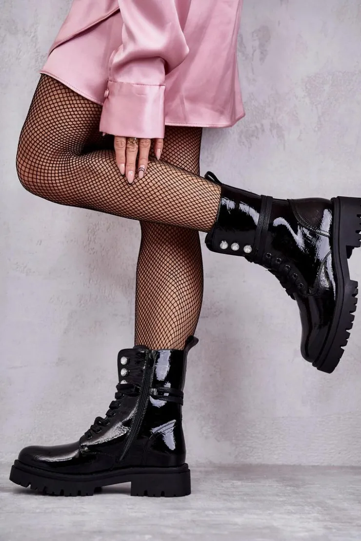 Damskie Evento Damskie Lakierowane Botki Workery Z Ozdobami Czarne Gesine