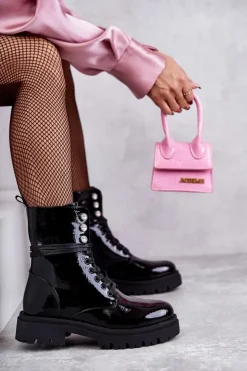 Damskie Evento Damskie Lakierowane Botki Workery Z Ozdobami Czarne Gesine