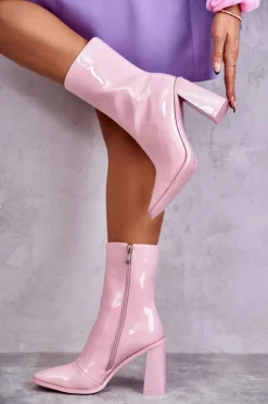 Damskie Boto Damskie Lakierowane Botki Kozaki Różowe Margit
