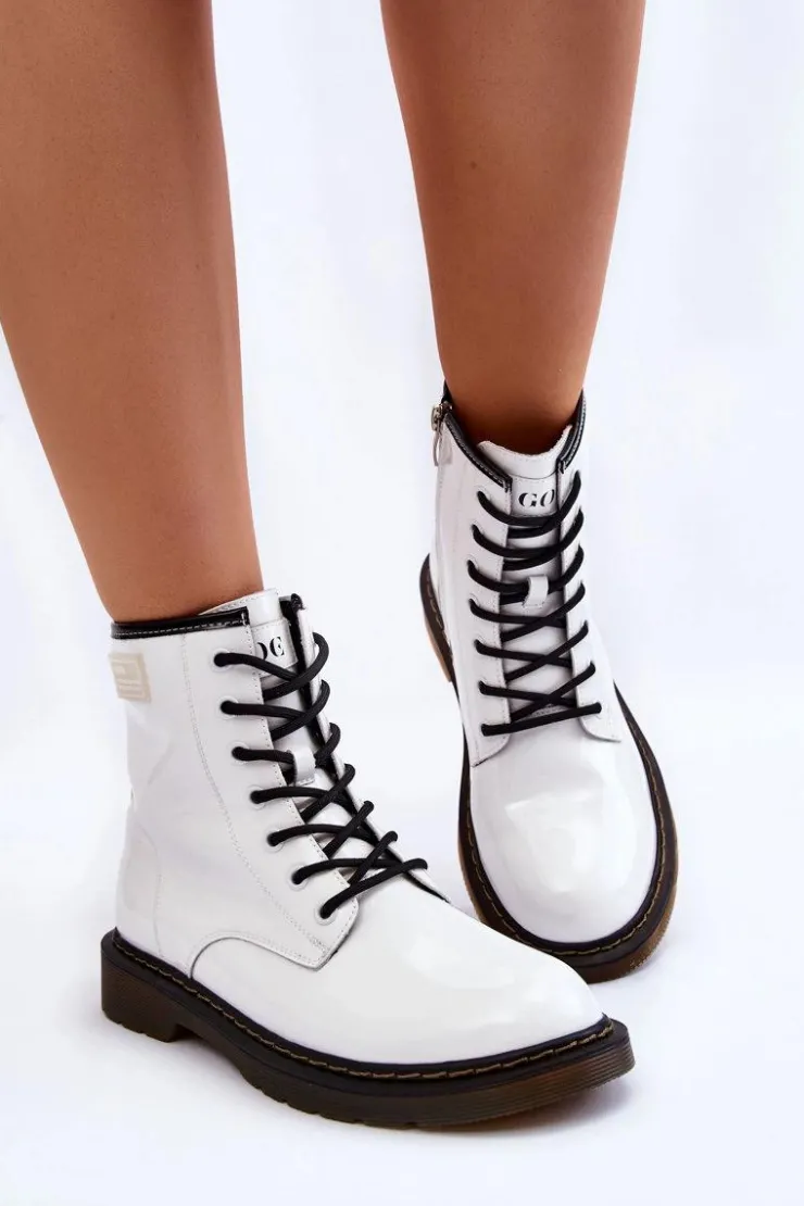 GOE Botki Sznurowane|Botki Płaskie*Damskie Lakierowane Botki Ocieplane II2N4051 Białe