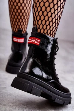 Discount Damskie buty S.Barski Damskie Lakierowane Botki Workery Sznurowane Czarne Conny