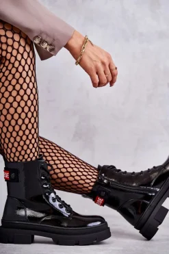 Discount Damskie buty S.Barski Damskie Lakierowane Botki Workery Sznurowane Czarne Conny