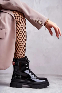 Discount Damskie buty S.Barski Damskie Lakierowane Botki Workery Sznurowane Czarne Conny