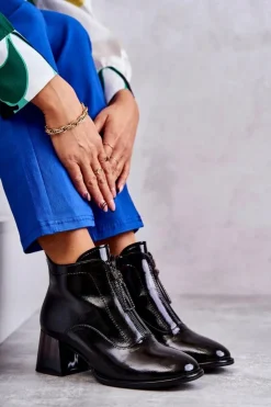 Damskie buty S.Barski Botki Na Słupku|Czarne Botki*Damskie Lakierowane Botki Z Suwakami Czarne Cristel