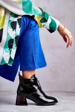 Damskie buty S.Barski Botki Na Słupku|Czarne Botki*Damskie Lakierowane Botki Z Suwakami Czarne Cristel