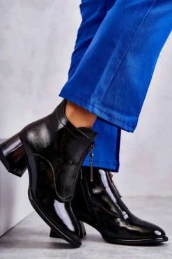 Damskie buty S.Barski Botki Na Słupku|Czarne Botki*Damskie Lakierowane Botki Z Suwakami Czarne Cristel