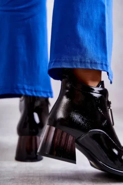 Damskie buty S.Barski Botki Na Słupku|Czarne Botki*Damskie Lakierowane Botki Z Suwakami Czarne Cristel